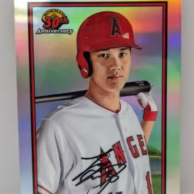 Shohei Ohtani 2019 Bowman 30th Anniversary rainbow foil insert trading card #B30-SO featuring printed facsimile signature.
