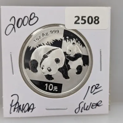 2008 Chinese Silver Panda 10 Yuan 1 oz .999 fine silver coin, presented in a protective cardboard flip holder.