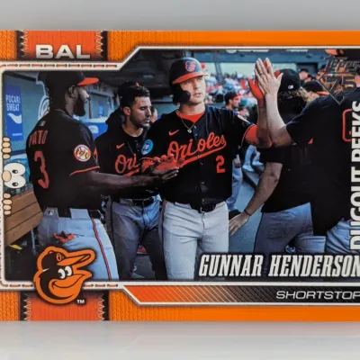 2024 Topps 'Dugout Peeks' orange border baseball card featuring Gunnar Henderson of the Baltimore Orioles.