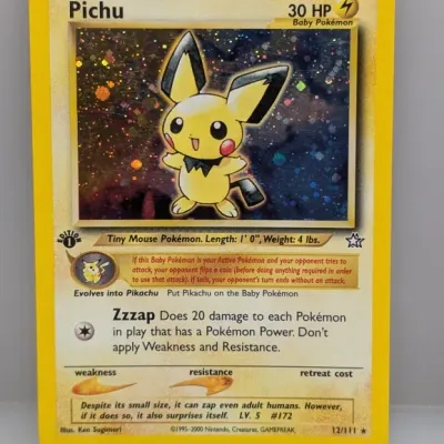 1st Edition Pichu holographic Pokémon trading card from the Neo Genesis set, numbered 12/111 and dated 2000.
