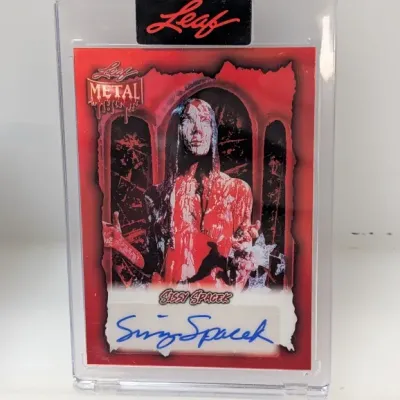 Sissy Spacek autographed Leaf Metal trading card featuring her iconic role in *Carrie*, encased in a protective magnetic top loader.