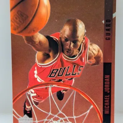 1993-94 Upper Deck Michael Jordan trading card #23, featuring an overhead action photo of Jordan dunking for the Chicago Bulls.