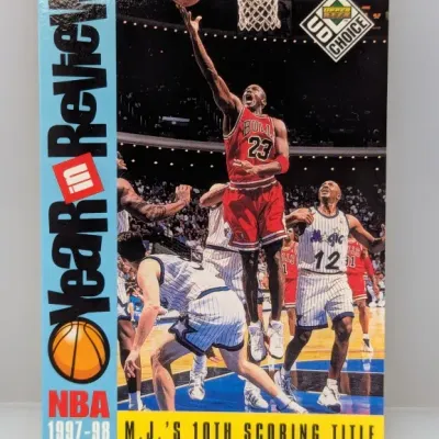 1997-98 Upper Deck Choice Michael Jordan "Year in Review" basketball trading card, celebrating his 10th scoring title.
