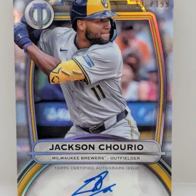 Topps Tribute Jackson Chourio certified autographed baseball card, serial numbered 196/199.