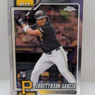 Topps Chrome rookie trading card featuring Pittsburgh Pirates outfielder Jhostynxon Garcia.