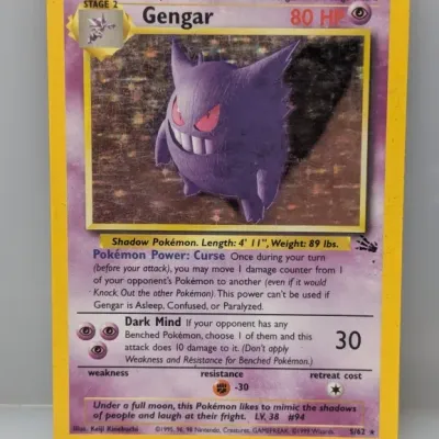Vintage 1999 Pokémon Fossil set Gengar holographic trading card, number 5/62.