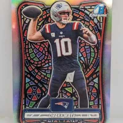 Bowman Chrome Drake Maye 'Stained Glass' insert trading card featuring the New England Patriots quarterback in excellent...