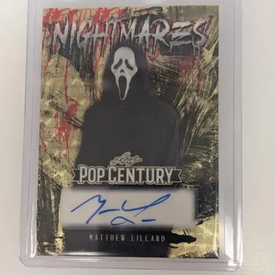 Leaf Pop Century Nightmares autographed trading card featuring Matthew Lillard as Ghostface, housed in a protective plastic top loader.