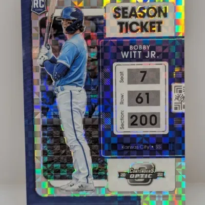 2022 Panini Contenders Optic Bobby Witt Jr. Season Ticket rookie trading card featuring a blue holographic finish.