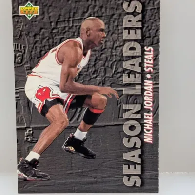 1993-94 Upper Deck Michael Jordan "Season Leaders: Steals" basketball trading card, appearing in good condition.