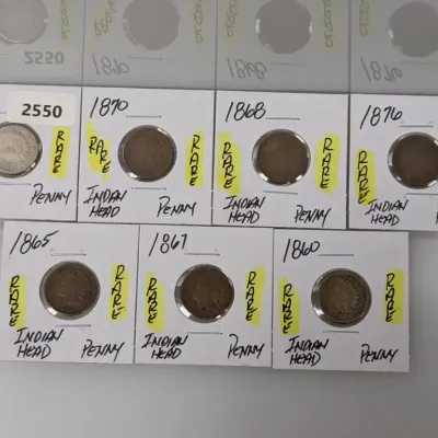 Collection of seven 19th-century Indian Head pennies, individually packaged in cardboard coin flips with handwritten dates ranging from...
