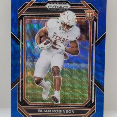 2023 Panini Prizm Draft Picks Bijan Robinson rookie trading card featuring a blue wave Prizm parallel finish.