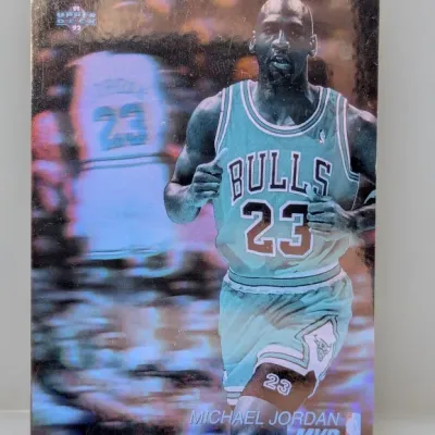 1991-92 Upper Deck Michael Jordan MVP hologram trading card featuring a metallic holographic finish.