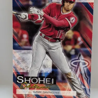 Shohei Ohtani Topps trading card, titled "Game-Saving Hit," featuring Ohtani in his Los Angeles Angels uniform.