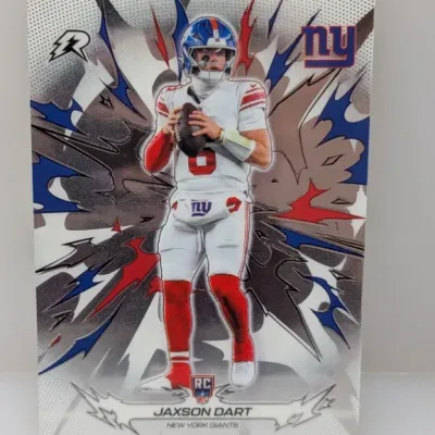 Jaxson Dart New York Giants rookie trading card featuring a comic-style burst background insert design.