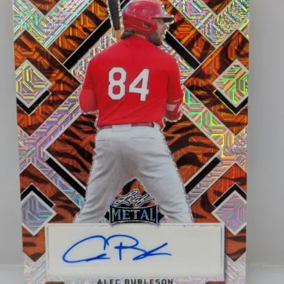 Leaf Metal Draft baseball trading card featuring an autographed insert of player Alec Burleson, displaying an intricate prismatic pattern.