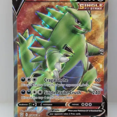 Tyranitar V full-art holographic Pokémon trading card from the Battle Styles set (154/163), dated 2021. The card appears to be in clean,...