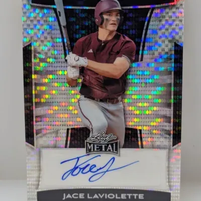 Leaf Metal Jace LaViolette autographed baseball trading card with a mosaic holographic finish.