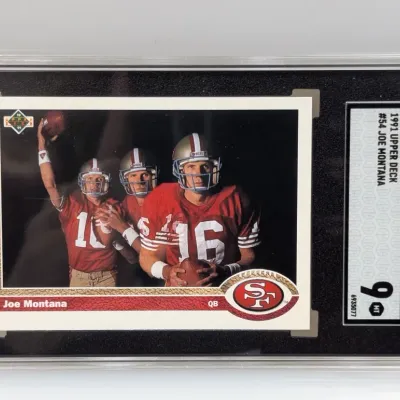 SGC-graded 9 Mint copy of a 1991 Upper Deck #54 Joe Montana football trading card.