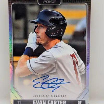 Pulse Evan Carter autographed trading card featuring an authentic signature in blue ink.