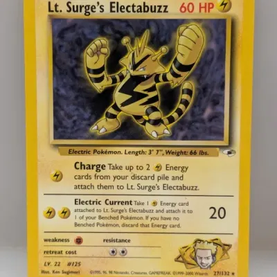 Lt. Surge's Electabuzz 27/132 Gym Heroes edition Pokémon trading card, illustrated by Ken Sugimori and released in 2000.