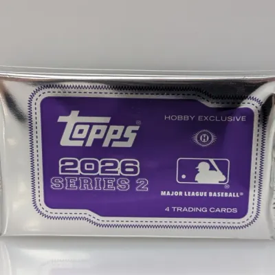 Unopened foil pack of Topps 2026 Series 2 Major League Baseball trading cards, hobby exclusive containing four cards.