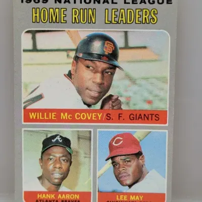 1970 Topps #61 1969 National League Home Run Leaders baseball card featuring Willie McCovey, Hank Aaron, and Lee May.