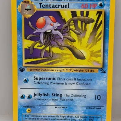 1st Edition Tentacruel Pokemon card (#44/62) from the 1999 Fossil set, illustrated by Kagemaru Himeno.