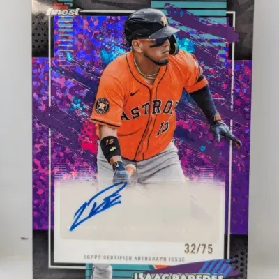 Topps Finest Isaac Paredes autographed baseball card, serial numbered 32/75, featuring a purple refractor finish.