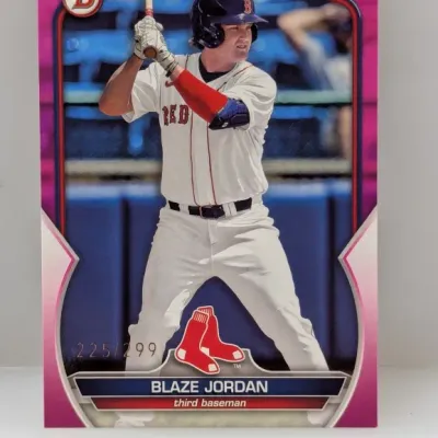 Bowman Blaze Jordan pink parallel trading card, hand-numbered 225 of 299.