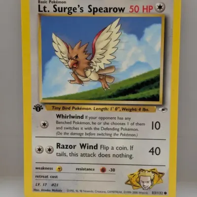 1st Edition Lt. Surge's Spearow Pokémon trading card (#83/132) from the Gym Heroes expansion, released in 2000.