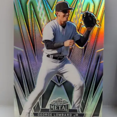 Leaf Metal baseball card featuring prospect George Lombard Jr. in a reflective holographic finish, appearing in excellent condition.