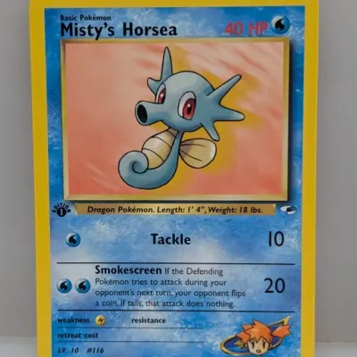 1st Edition Misty's Horsea #86/132 Pokémon trading card from the 2000 Gym Heroes set, illustrated by Ken Sugimori.