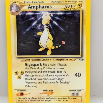 Vintage 2000 Pokémon Ampharos holographic trading card (1/111) from the Neo Genesis set, illustrated by Ken Sugimori.