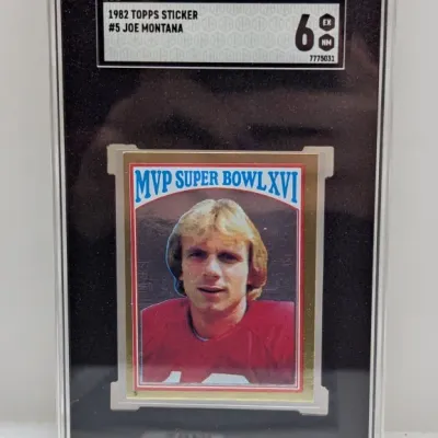 SGC-graded EX-NM 6 copy of a 1982 Topps Sticker #5 Joe Montana MVP Super Bowl XVI card.