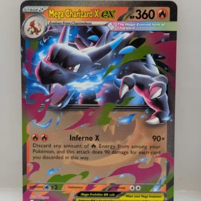 Pokémon Mega Charizard X ex trading card, numbered 013/094, featuring full-art foil illustration.