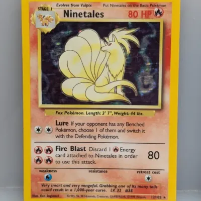 Vintage 1999 Pokémon Ninetales holographic Base Set trading card, number 12/102.