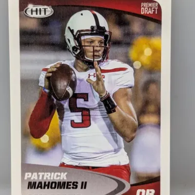2017 SAGE HIT Premier Draft Patrick Mahomes II rookie trading card in good condition.
