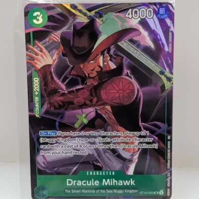 One Piece Card Game Dracule Mihawk character card (ST12-003 SR), sealed in a protective clear sleeve.