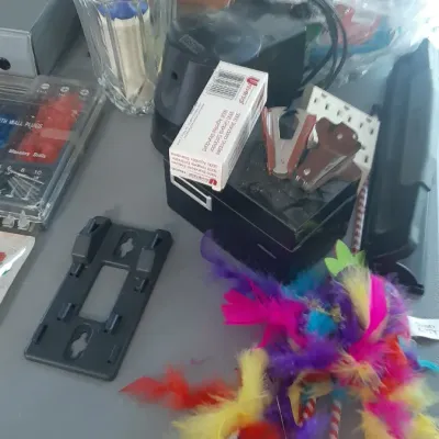Assorted household and office supplies including an electric pencil sharpener, staples, a wall plate, and a colorful feather cat toy.