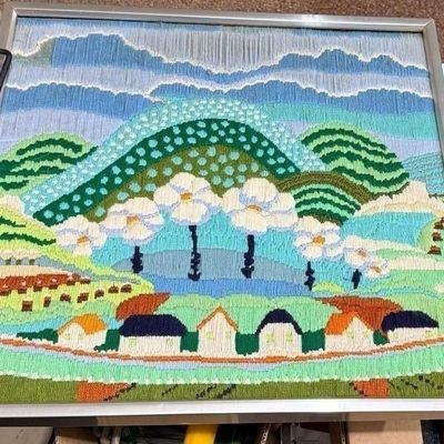 Framed 1970s vintage yarn embroidery handmade textile art 