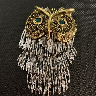 Vintage Articulated Owl Brooch Pin with Green Rhinestone Eyes