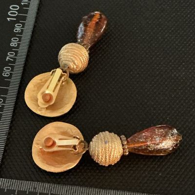 Vintage Gold-Tone Clip-On Dangle Earrings with Amber Glass Drops