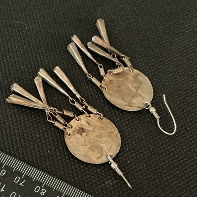 Vintage Hand-Engraved Silver-Tone Dangle Earrings with Concho & Fringe Detail
