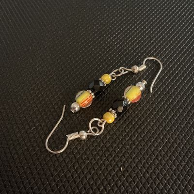 Beaded Dangle Drop Earrings Yellow Black Striped Glass