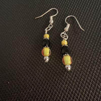 Beaded Dangle Drop Earrings Yellow Black Striped Glass
