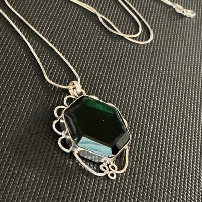 Sterling Silver Hexagonal Dark Green Gemstone Pendant Necklace