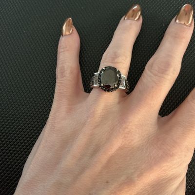 Sterling Silver Black Gemstone Halo Statement Ring Size 925 Stamped