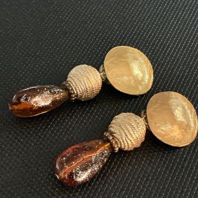 Vintage Gold-Tone Clip-On Dangle Earrings with Amber Glass Drops