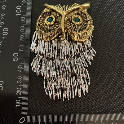 Vintage Articulated Owl Brooch Pin with Green Rhinestone Eyes